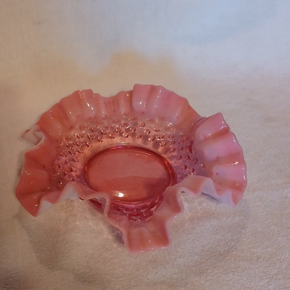 Vintage Cranberry Fenton Ruffled Dish Opalecent Hobnail